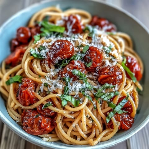 Plump cherry tomato confit pasta glistening with garlic oil and fresh basil.
