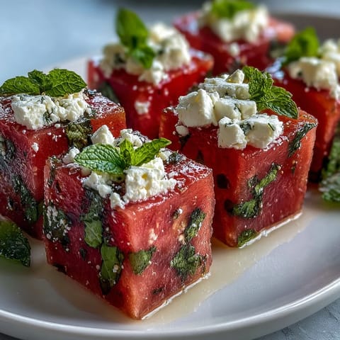 Refreshing cucumber watermelon feta bites with balsamic glaze, a delightful summer treat.
