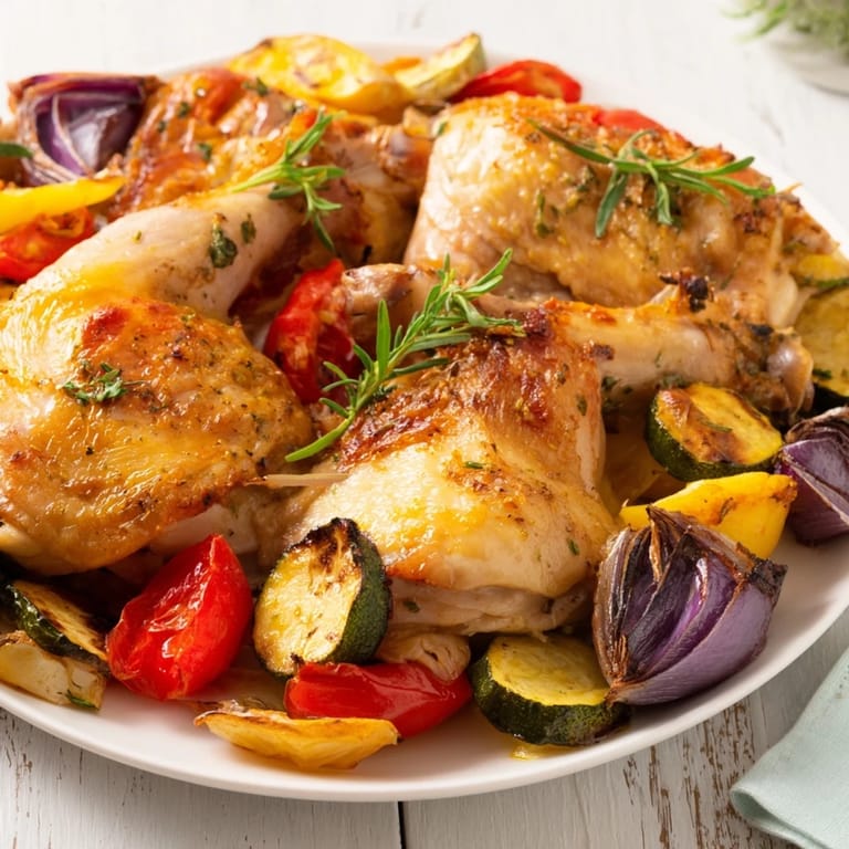 Sizzling sheet pan showcases Basil-Soft Chicken and Veggie Dinner: a colorful American meal with roasted tomatoes and peppers.
