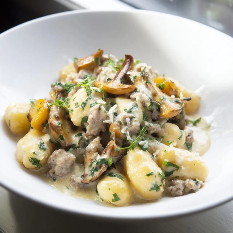 Fragrant steam rises from the hearty Woodsy Skillet Sausage and Mushroom Gnocchi, perfect comfort food for a chilly night.