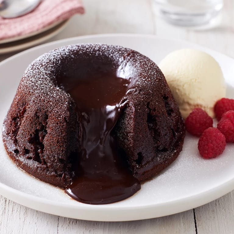 Delectable dark chocolate lava cakes with a molten cocoa center, dusted with powdered sugar, ready to eat.