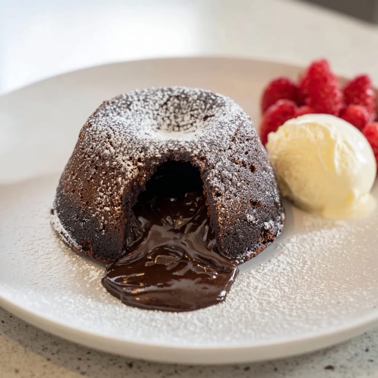 Rich, warm dark chocolate lava cakes, a decadent American dessert, plated with fresh berries and whipped cream.