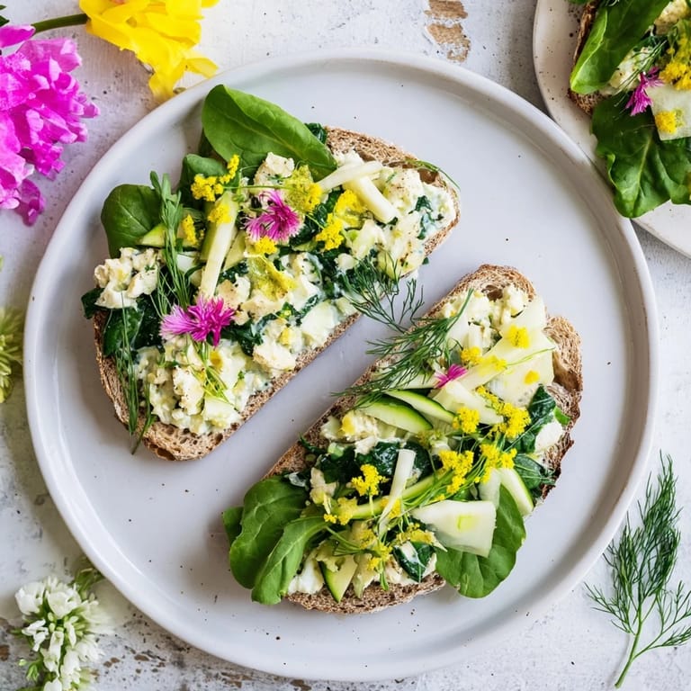 A close-up of delicious Fresh Meadow-Inspired Garden Vegetable Tartines, overflowing with fresh, seasonal garden ingredients.