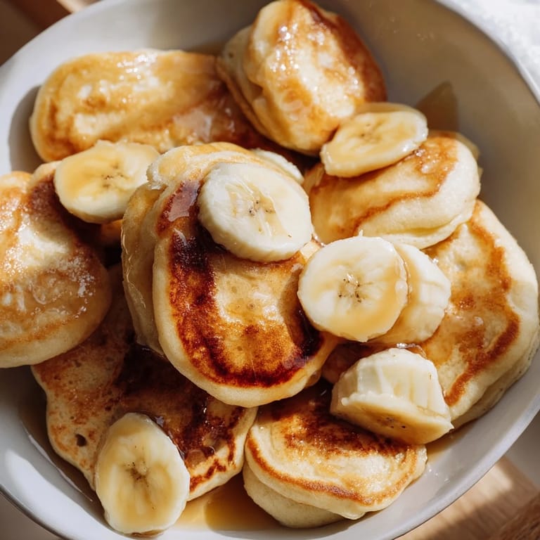 Fluffy weekend golden-brunch banana pancakes, visibly golden-brown, served with sliced bananas and warming syrup.