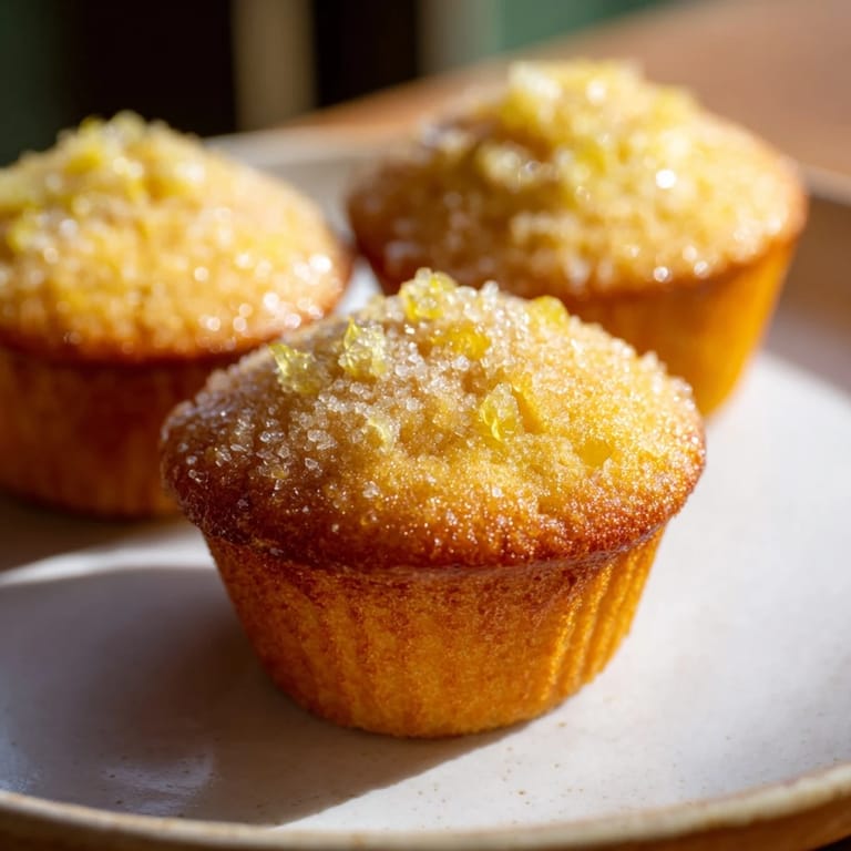 Freshly baked Simple Sweet Lemon Zest Muffins with a sprinkle of sparkling sugar, offering bright citrus aroma.