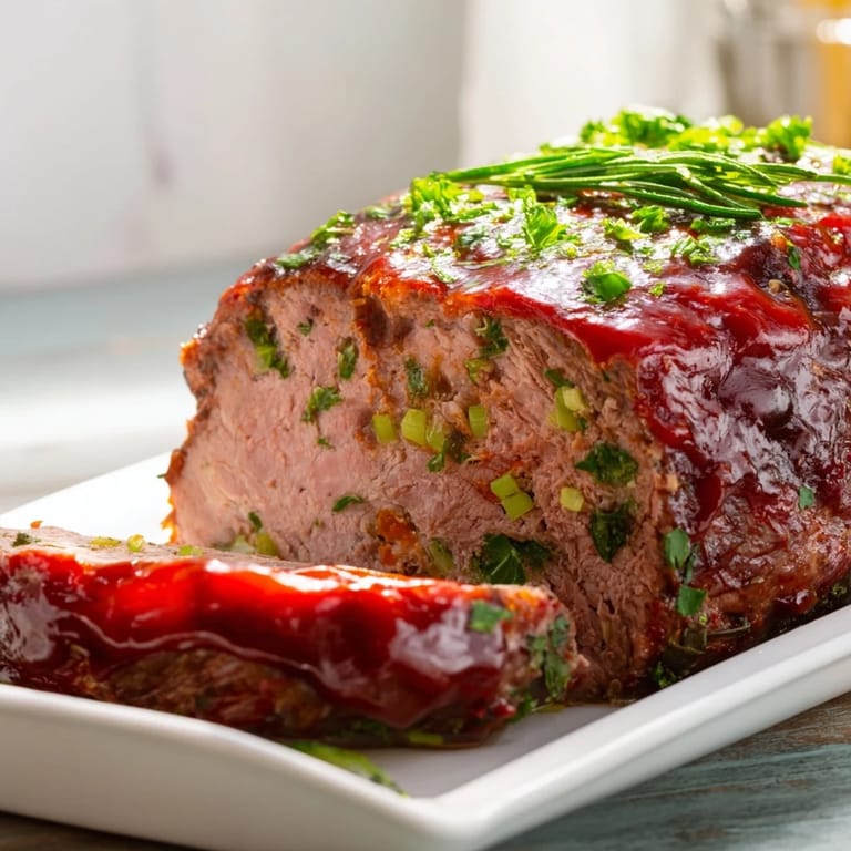 Moist Everyday Herb-Sprigged Turkey Meatloaf, beautifully browned, ready to serve with mashed potatoes and gravy.