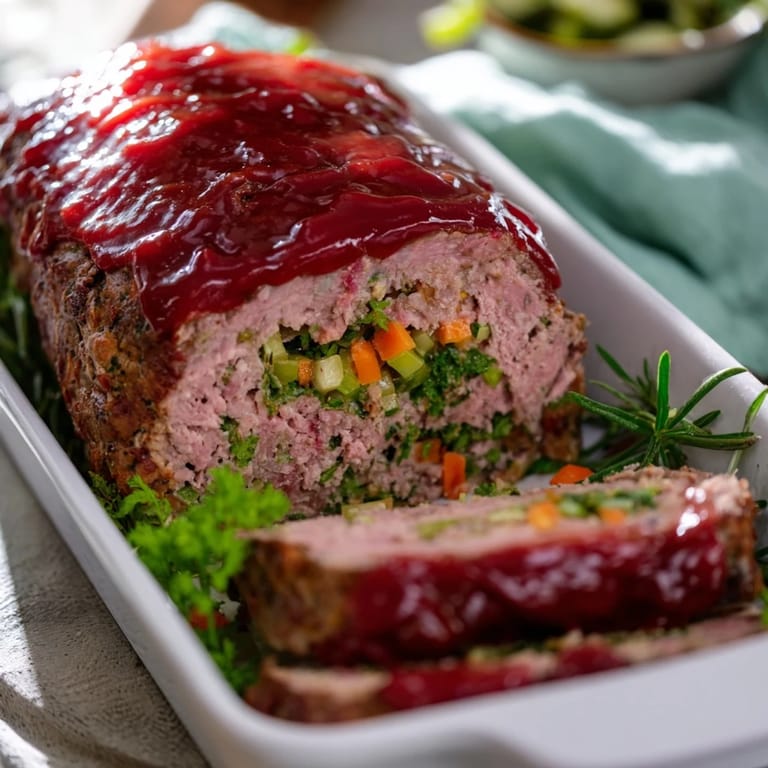 Close-up of freshly baked Everyday Herb-Sprigged Turkey Meatloaf, speckled with herbs and perfectly cooked.