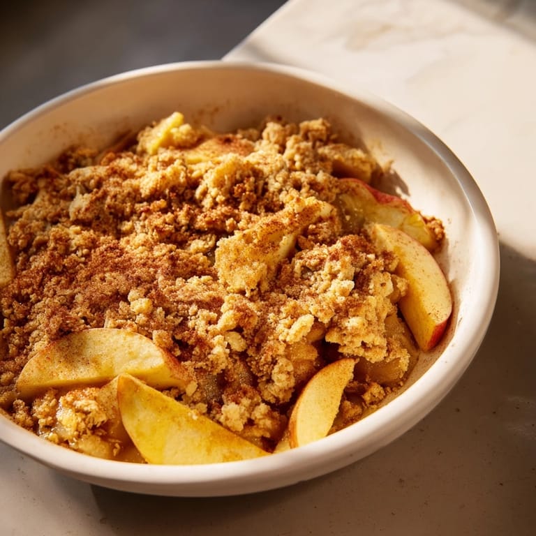 A close-up of warm, rustic apple and cinnamon crumble, glistening with caramelized apples, perfect for dessert.