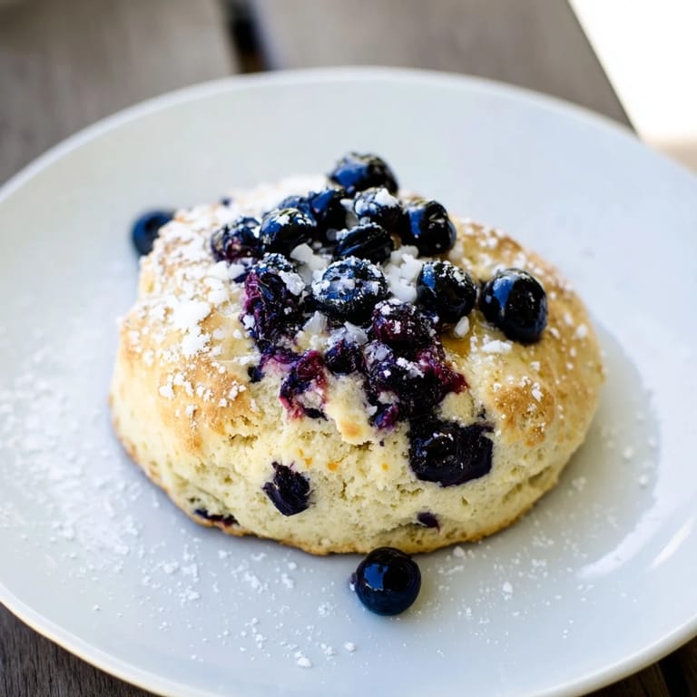 A plate of freshly-baked Rustic Birch-Warm Blueberry Scones, perfect for a delightful breakfast, are visible.