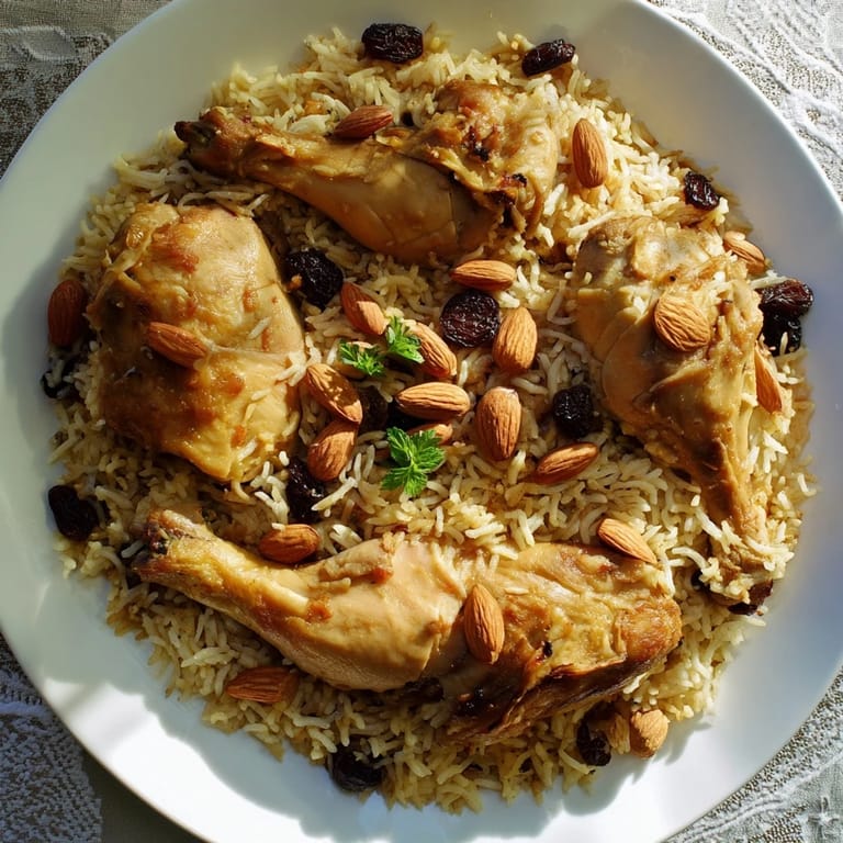 Savory saffron chicken and rice pilaf with toasted almonds, a comforting, gluten-free dinner, delicious and aromatic.