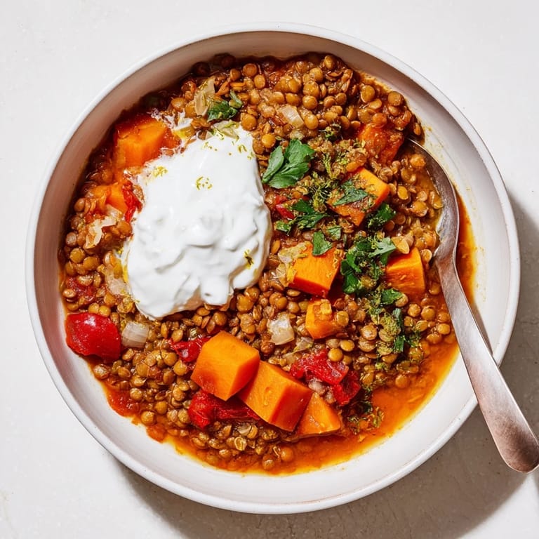 A vibrant close-up showing the creamy textures of Wheat-Warm Hearty Lentil Curry, ready to serve and enjoy.