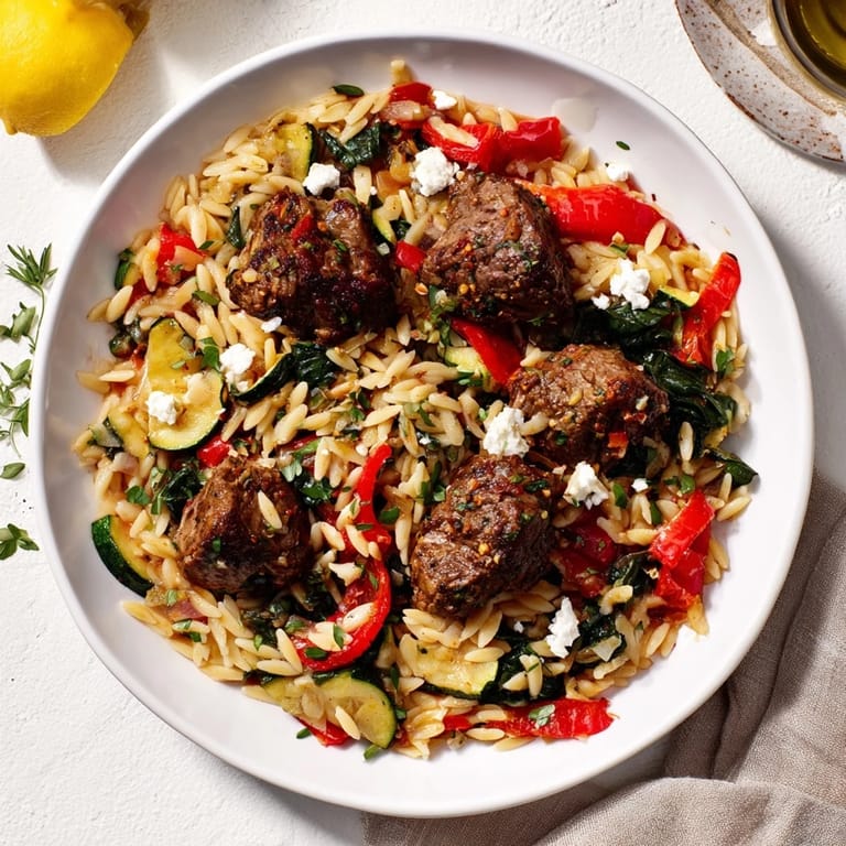 The rich aromas of smoky, tender lamb and orzo are captured in this warm Mediterranean supper.