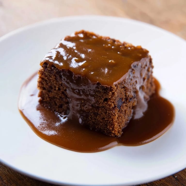 Warm, comforting slice of Weekend Cabin-Style Sticky Toffee Pudding beside a ladle of creamy toffee.