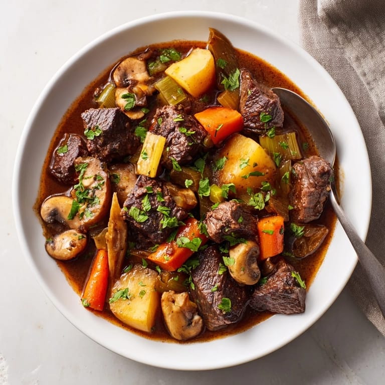 Golden crusty bread next to a vibrant bowl of Earthy Beef Stew, a delicious, homemade feast.