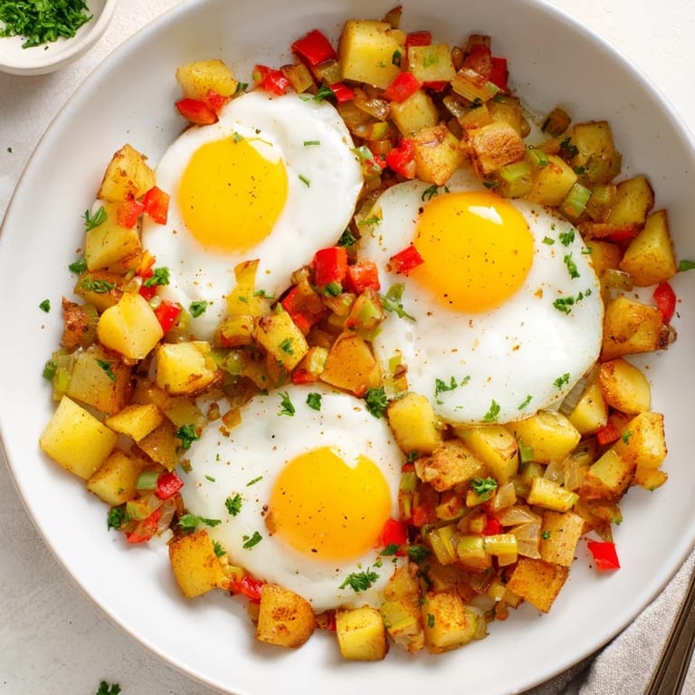 Freshly cooked Simple Skillet Egg and Potato Hash, with tender potatoes and colorful bell peppers.