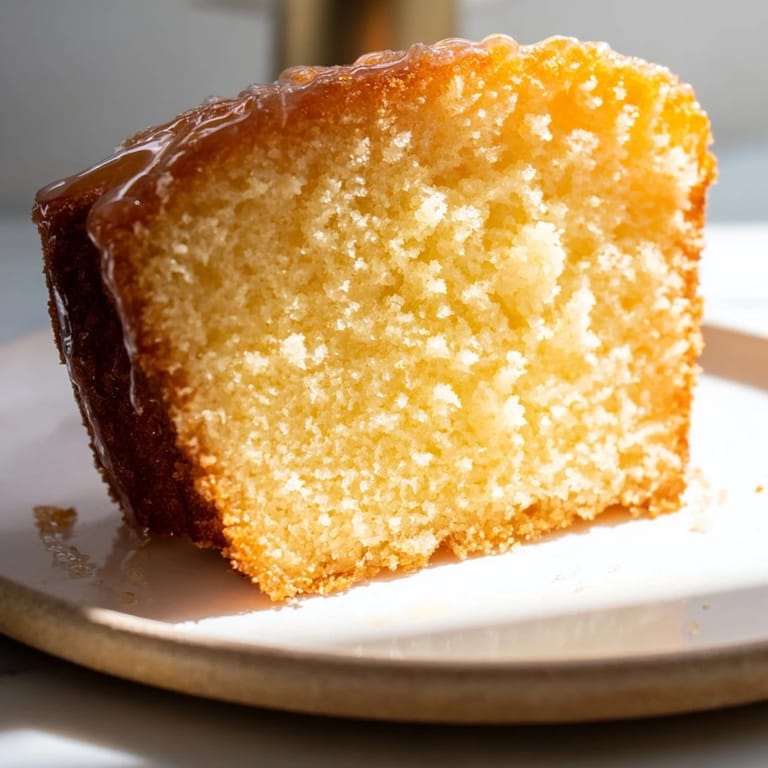 Moist golden honey pound cake, freshly baked in a loaf pan and cooling on a rack.