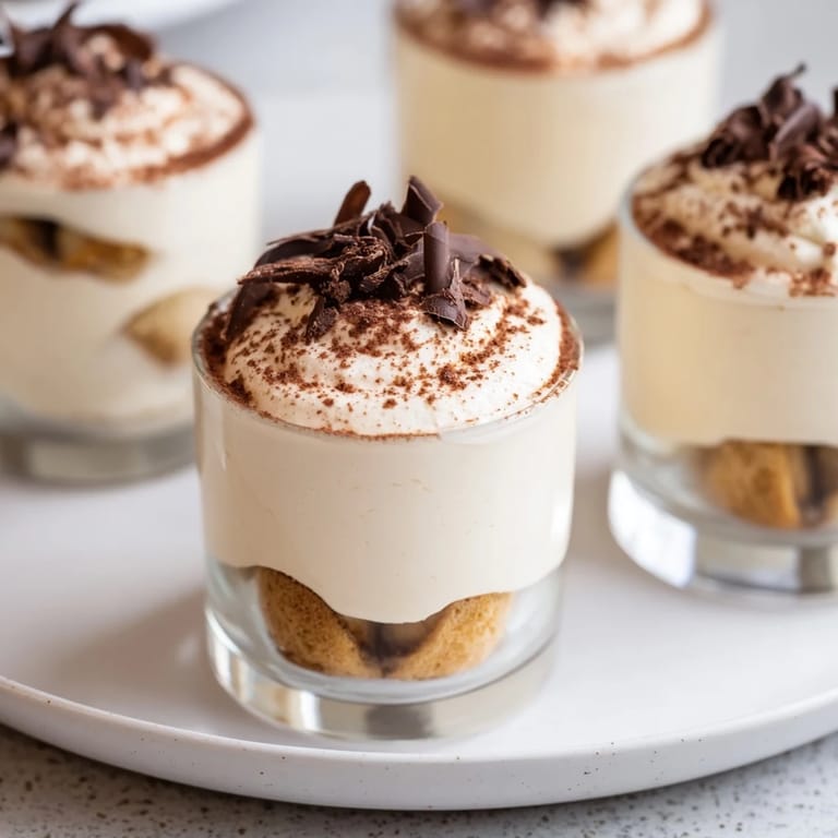A close-up view of beautiful Countdown Tiramisu Shots, perfect miniature desserts for any gathering.