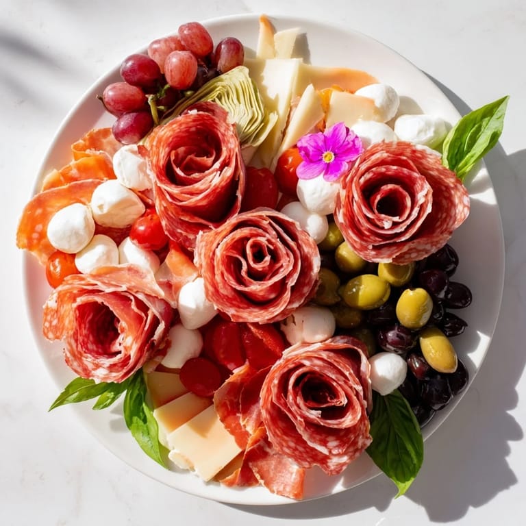 Enjoy a gorgeous Prosciutto Rose Bouquet Board: expect a luscious arrangement of charcuterie and fresh fruits.