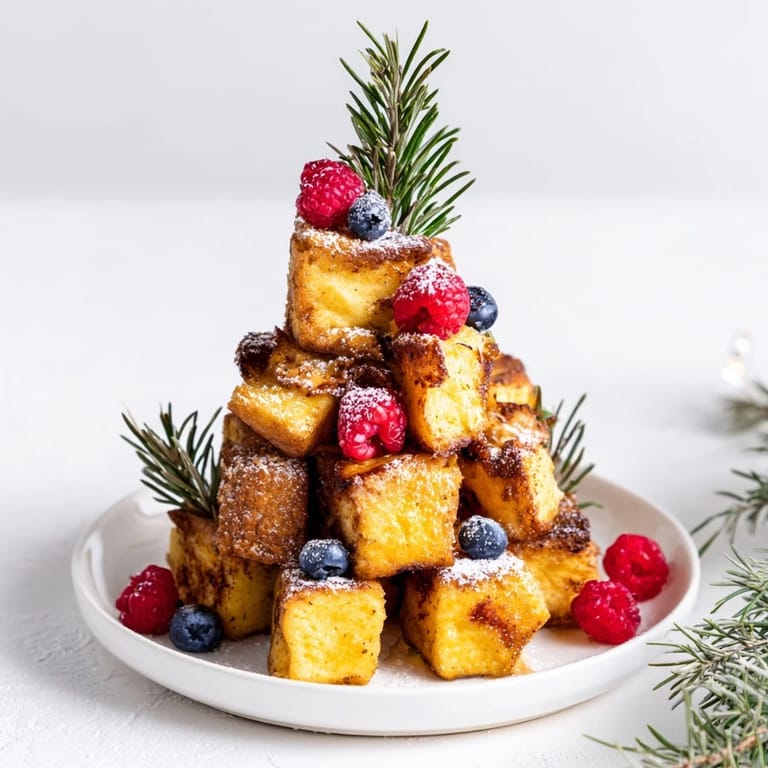 Warm and inviting, these sweet Eggnog French Toast Bites are garnished with fresh berries and rosemary.