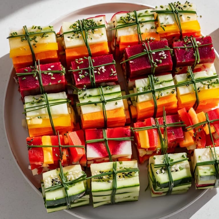 These beautiful Stacked Gift Box Veggie Cubes feature neatly arranged veggie stacks tied with chive ribbons for fun.