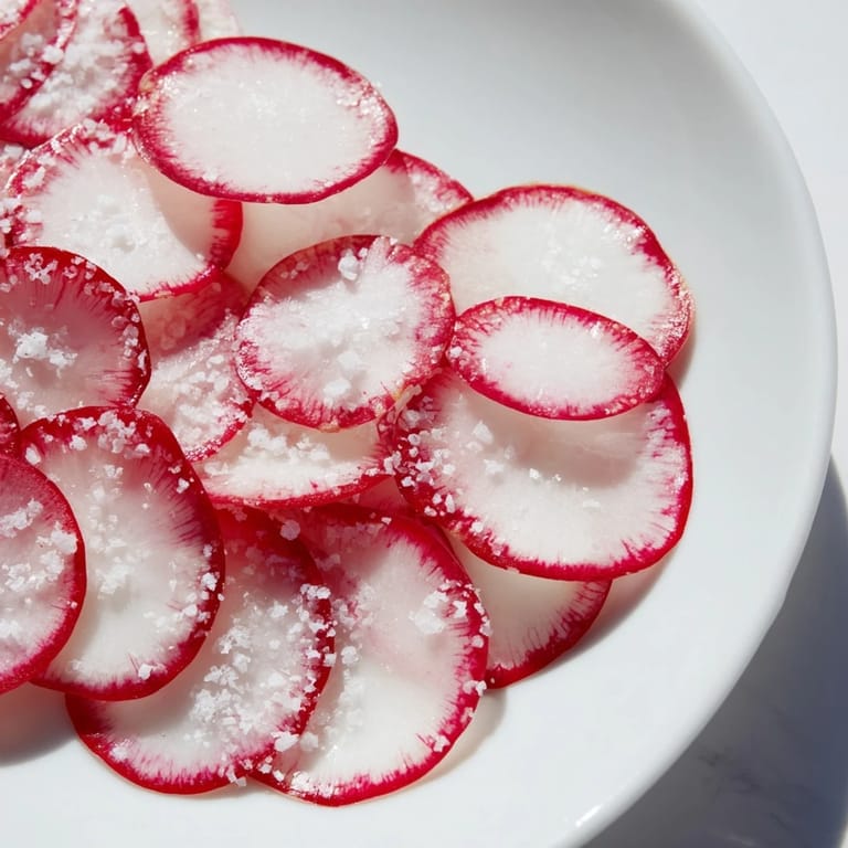 Freshly prepared Radish Slices with Sea Salt, perfect for a light, healthy vegan appetiser.