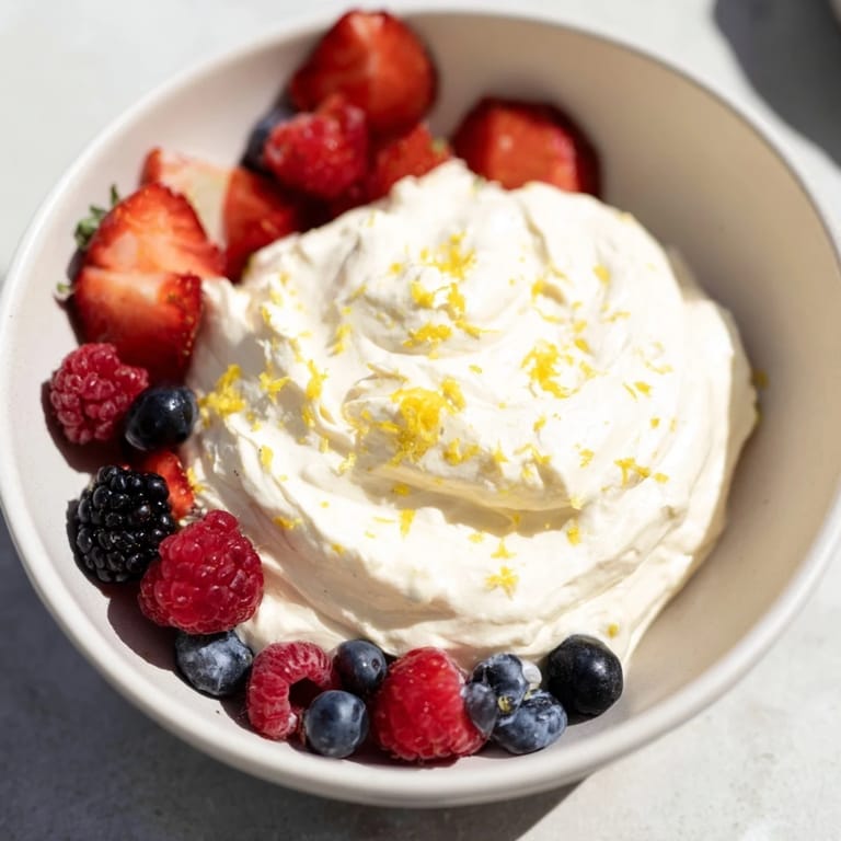 A bowl of delicious Fluffy Cream Cheese Fruit Dip surrounded by colorful strawberries and blueberries.