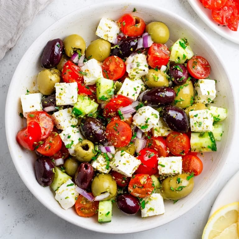 Vibrant Holiday Mix: Mixed Olives with Feta Cubes, a simple, delicious Mediterranean party starter.