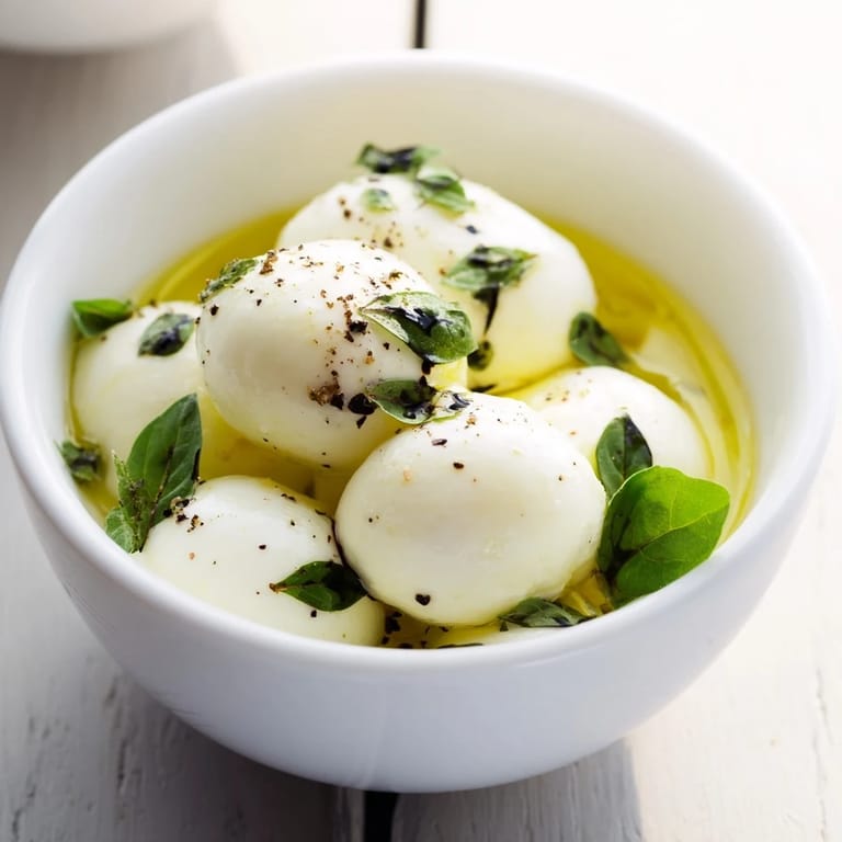 Fresh mozzarella pearls seasoned with olive oil and spices, perfect simple cheese snack.