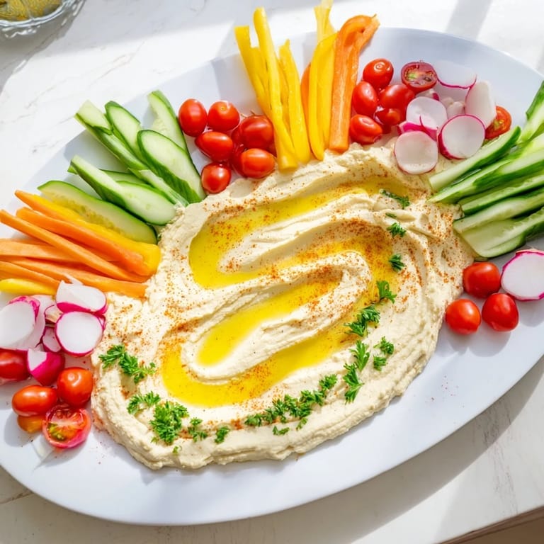 Fresh, vibrant River Delta Flow: a vegetarian platter with bright veggies and a savory dip.