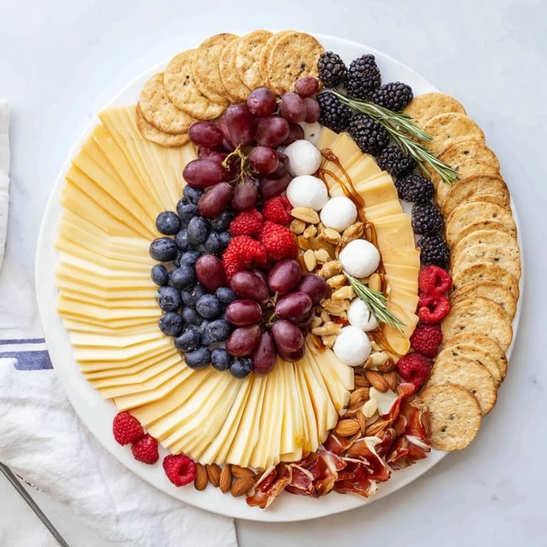 Visually appealing Ouroboros Circle arranged on a platter, showcasing fresh berries and savory cheeses.