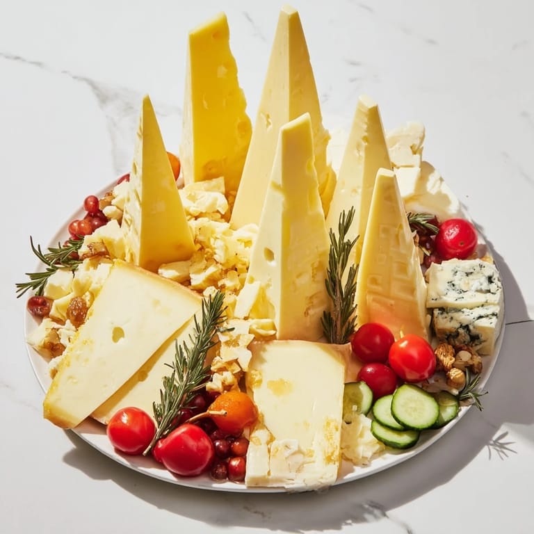 A mouthwatering sculptural cheese landscape with tall cheese peaks and fresh grapes, a satisfying treat.