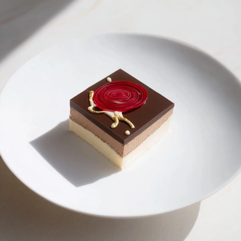 Delicately swirled Golden Ratio Shell layers of raspberry jelly, chocolate mousse, and sponge, served cold.
