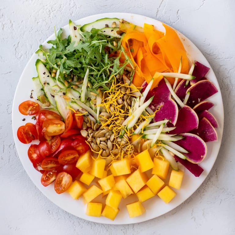 Freshly assembled Abstract Expressionist Splash salad with a swirl of dressing, ready for an eye-catching meal.