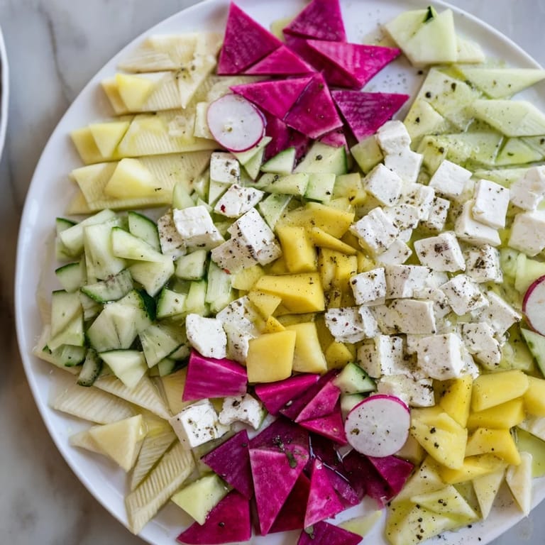 A close-up of The Cubist Deconstruction, featuring feta cheese cubes next to mango slices.
