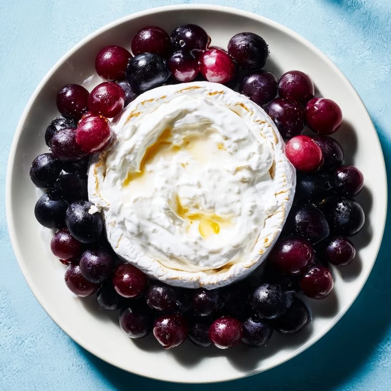 This Floating Island appetizer features a soft cheese wheel, creating a whimsical platter with dark grapes.