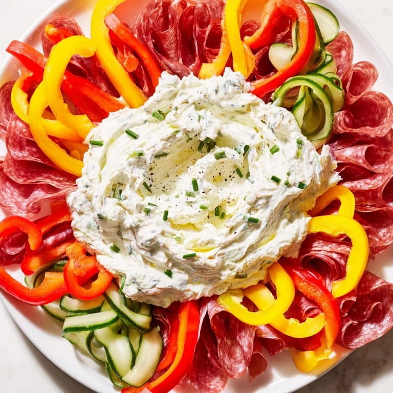 Vibrant Medusa Curls arranged on a platter offer a savory appetizer with salami, prosciutto, and colorful peppers.