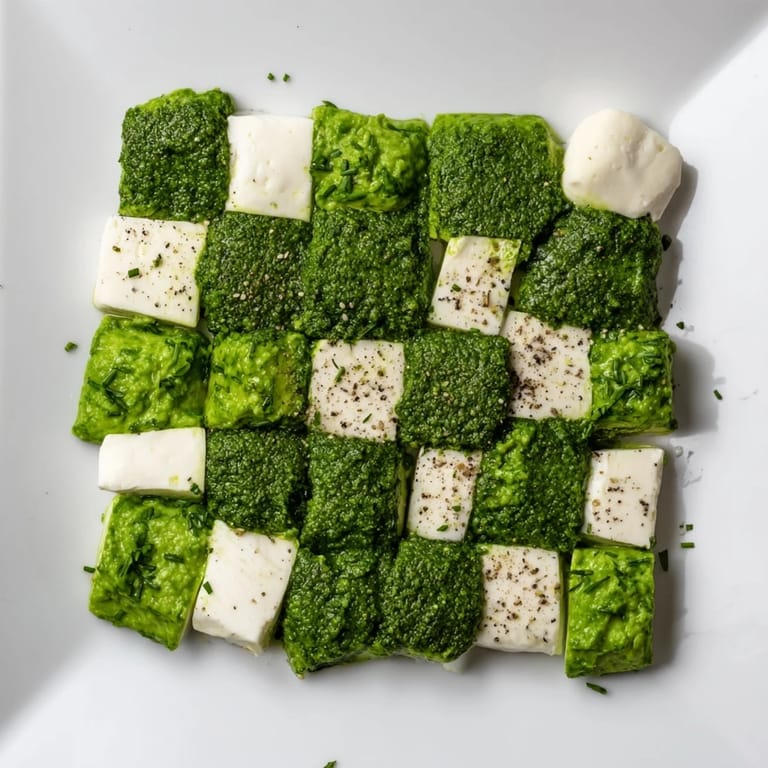 Beautiful Checkerboard Garden appetizer displays savory ricotta, mozzarella, and feta cheese with fresh herb squares.