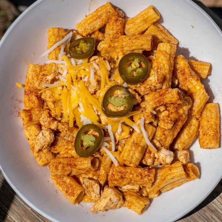 Air-fried and loaded: Flavorful Pasta Chip Nachos with seasoned chicken and a final drizzle of sour cream.