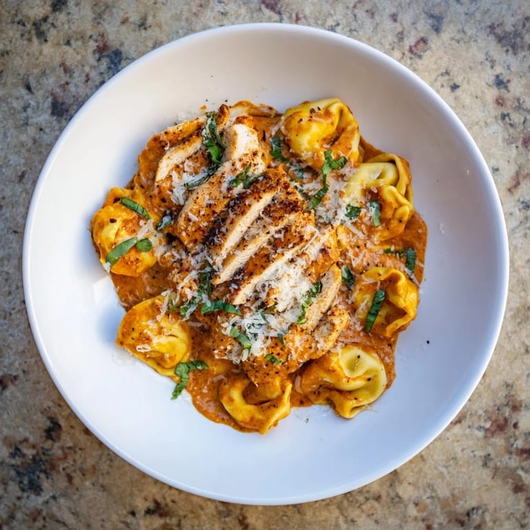 Warm, inviting image showing prepared Marry Me Chicken Tortellini, fragrant with basil.