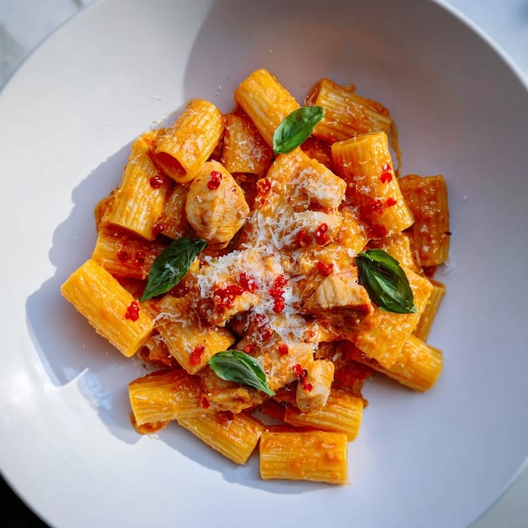 A vibrant photo of Spicy Vodka Chicken Pasta: tender chicken in a rich, chili-infused cream sauce.