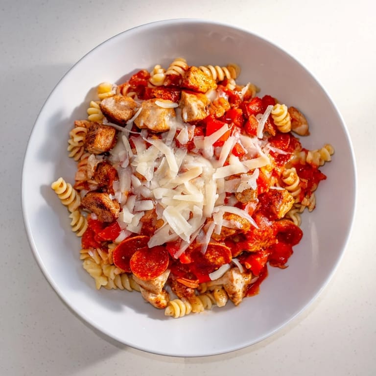 One-pan pizza pasta with pasta and chicken covered in gooey cheese, ready for a comforting Italian meal.