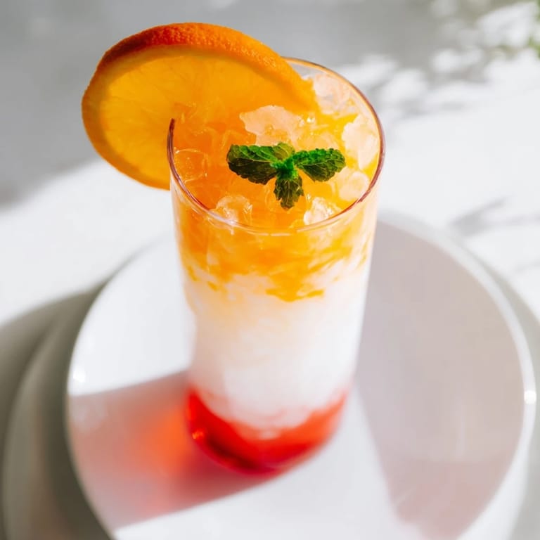 Refreshing Alpine Sunrise mocktail, a beautiful beverage with layered coconut milk and bright orange.