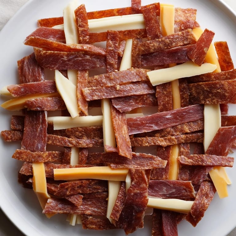 Party-ready The Tartan Plaid appetizer with colorful jerky and creamy cheese, ready to be served.