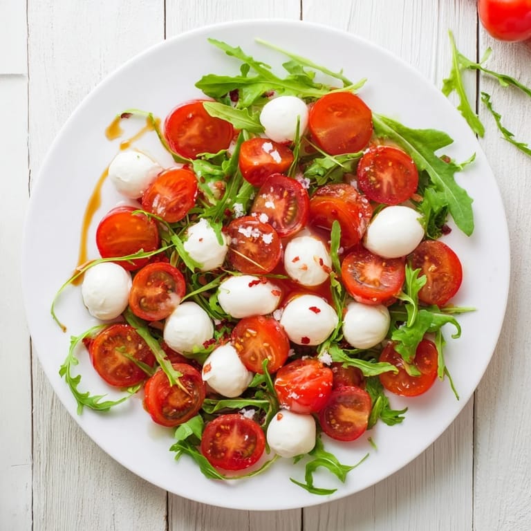 Vibrant Pearly Strand salad: mozzarella pearls artfully arranged on fresh arugula and tomatoes.