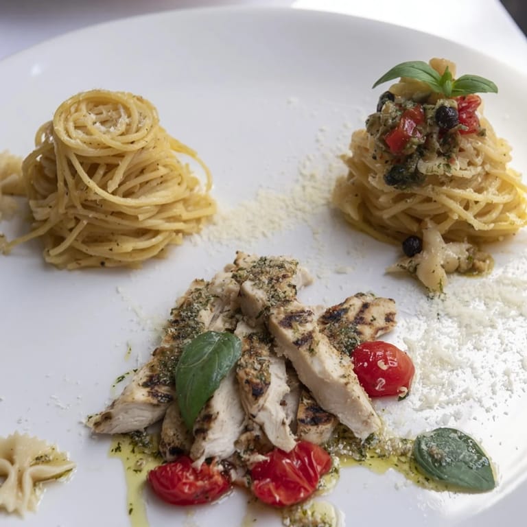 A close-up of Girl Dinner Pasta Board: penne, spaghetti, and farfalle coated in delicious sauces and toppings.