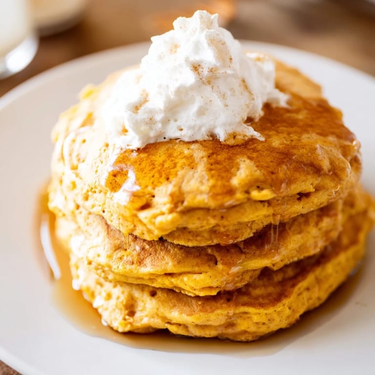 These warm, spiced Pumpkin Spice Pancakes, perfect for a fall brunch, are light and airy.