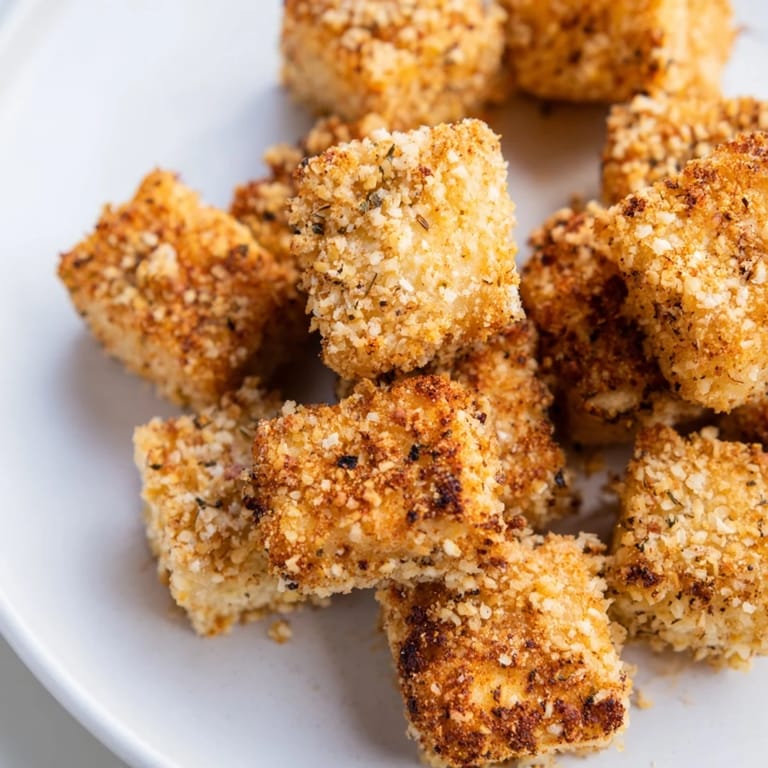 Warm, flavorful Popcorn Tofu Bites appear, coated in a seasoned breading, ready to enjoy as a snack.