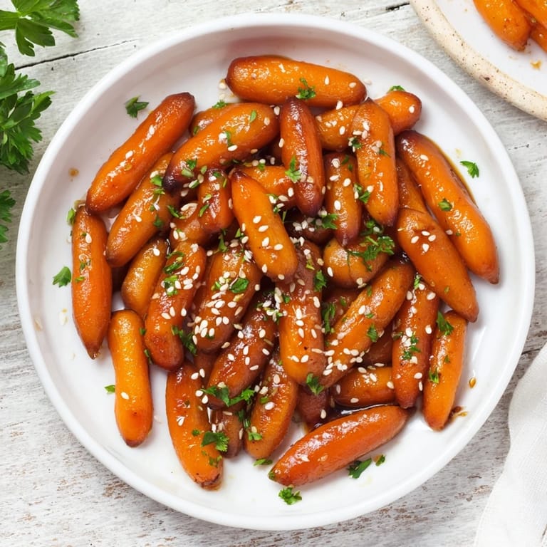 Tender, caramelized Honey Soy Roasted Carrots, tossed with sesame seeds, a savory and delicious side.