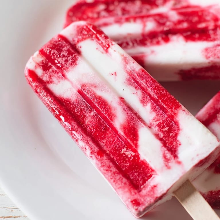 Beautifully layered raspberry coconut ice pops, displaying a refreshing homemade frozen tropical style treat.