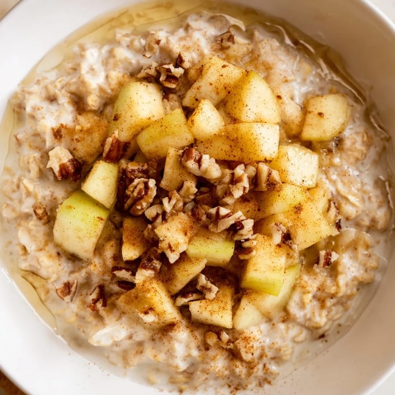 This hearty apple pie oatmeal bowl features cinnamon-spiced oats and sweet, tender apple slices.